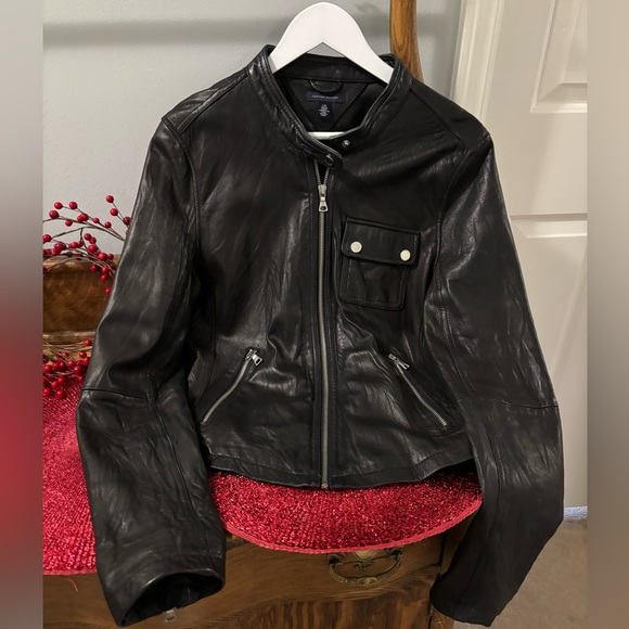 Ladies’ Tommy Hilfiger Black Genuine Leather Motorcycle 🏍 Jacket - Size Large - Picture 1 of 5